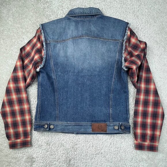 Alexander McQueen Denim Trucker Jacket Plaid Sleeves Womens 52 XL US NEW - Picture 2 of 15